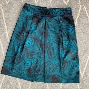 East 5th Satin Black and Teal Peacock Feather Pleated A-line Skirt